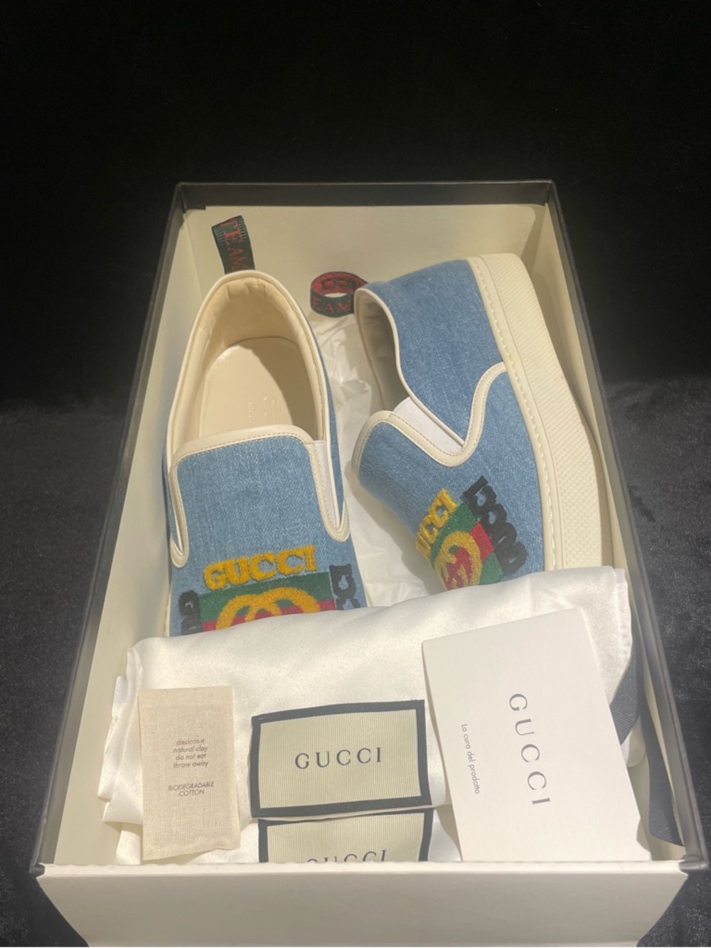 Gucci Blue Denim Slip-On Sneakers with Multicolor Embroidered Logo - Picture 9 of 10